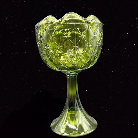 Indiana Art Glass Pedestal Tall Cup Bowl Diamond Avocado Green Duette 9”T 5”W - Picture 1 of 10